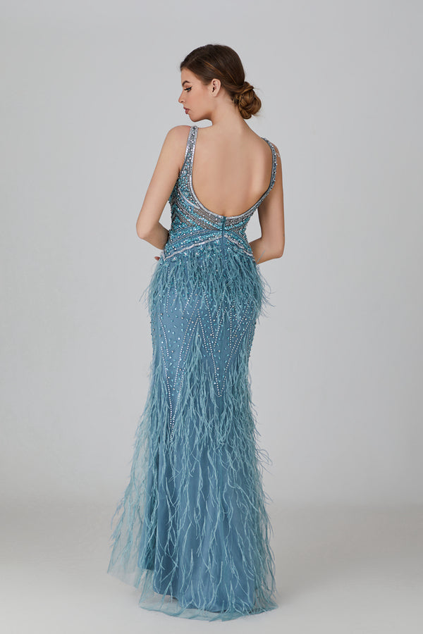 Wholesale Opulent Glamour Feather and Rhinestone Embellished Evening Gown - Make a Dazzling Statement YL2206