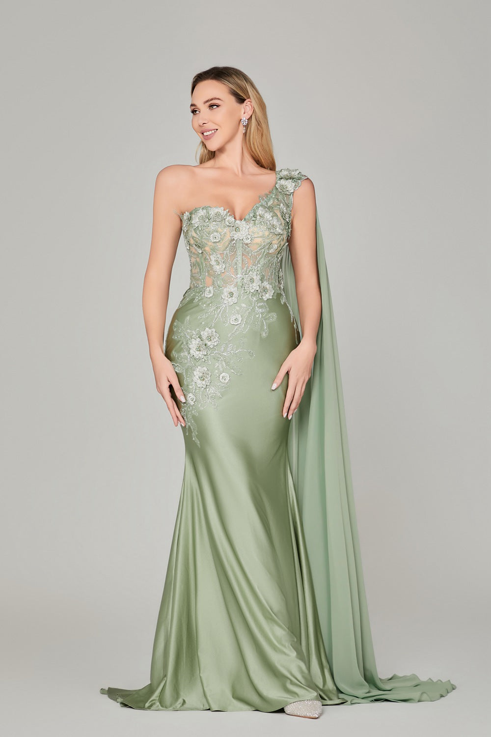 Enchanting Single-Shoulder Prom Dress with 3D Floral Accents 32890