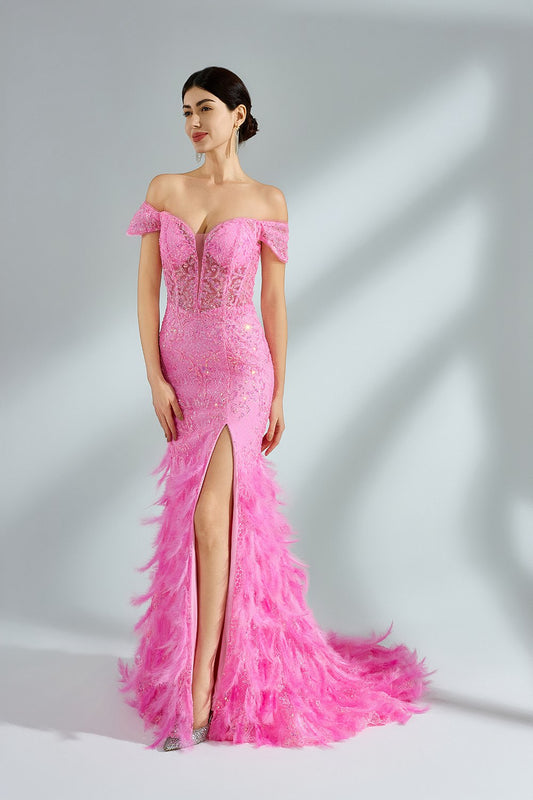 Wholesale Feathered Strapless Split-Front Mermaid Dress 32882