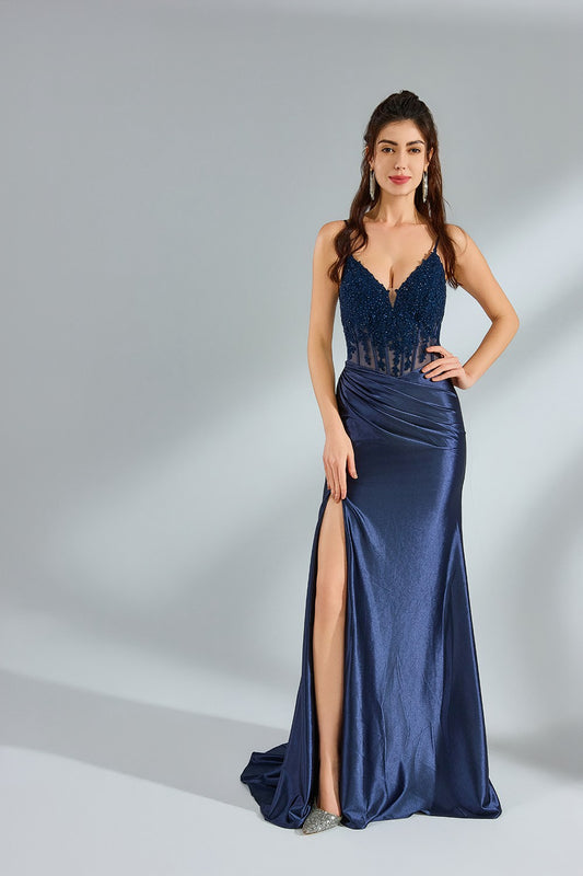 Wholesale Lace, Satin, and Chiffon Split-Front Dress 32875