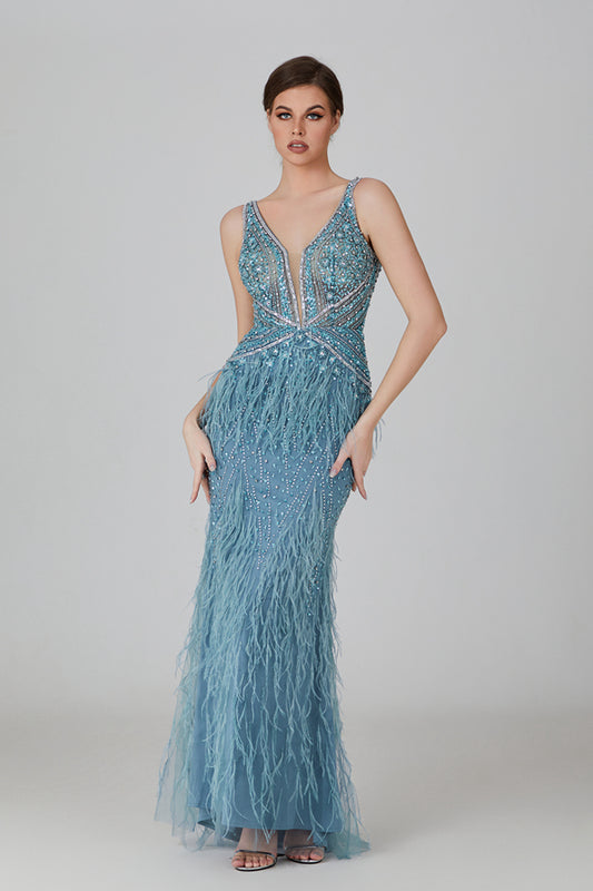 Wholesale Opulent Glamour Feather and Rhinestone Embellished Evening Gown - Make a Dazzling Statement YL2206