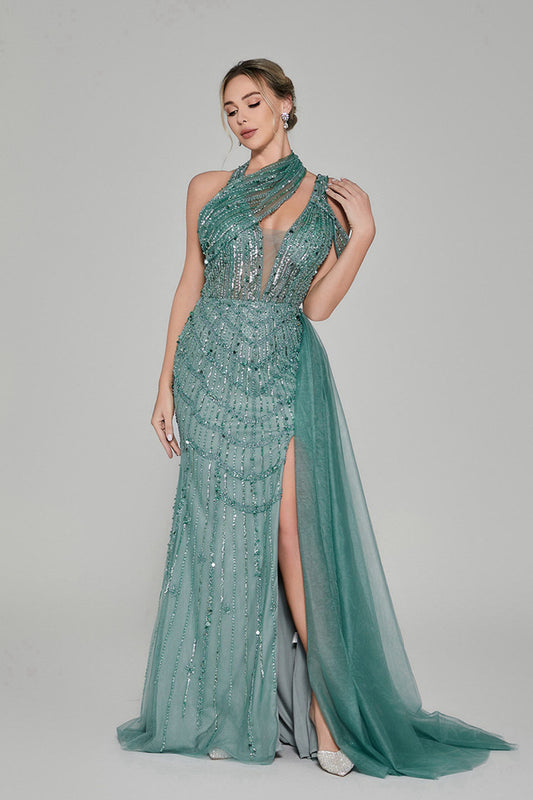 Unique One-Shoulder Heavy Beaded Evening Gown with Dazzling Sparkles MC118