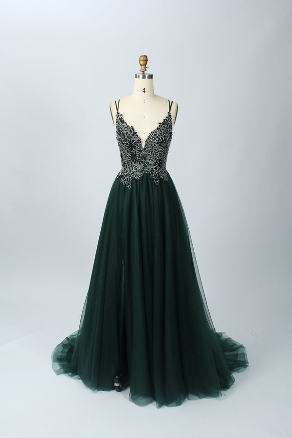 Wholesale Enchanting Opulence Lace Appliqué Beaded Slit Prom Gown 32647B