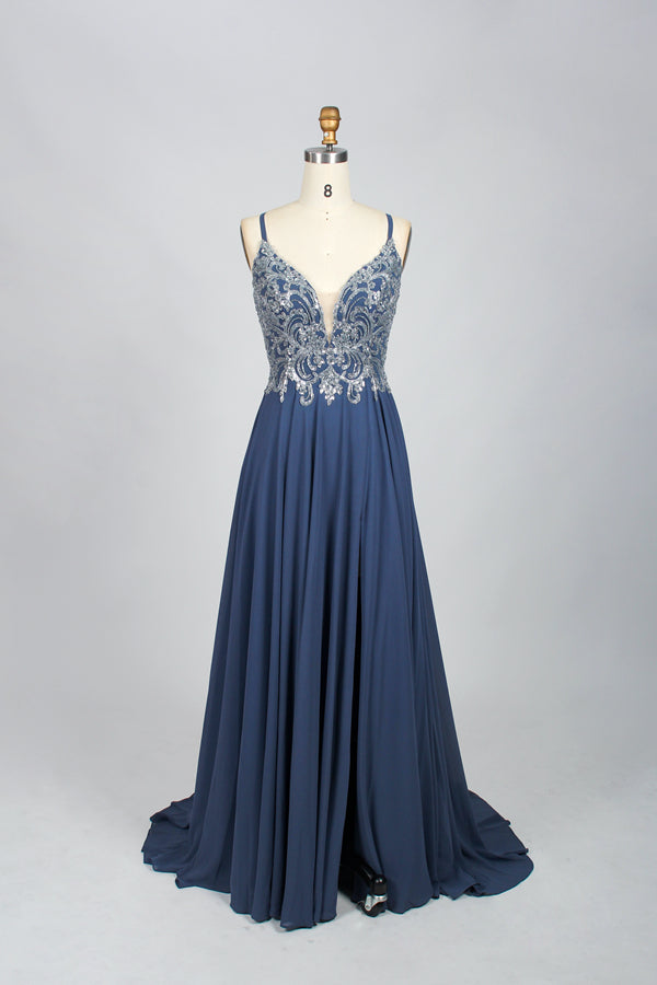 Sparkling Elegance Wholesale Chiffon Train Sequin Lace Slit Gown 32674