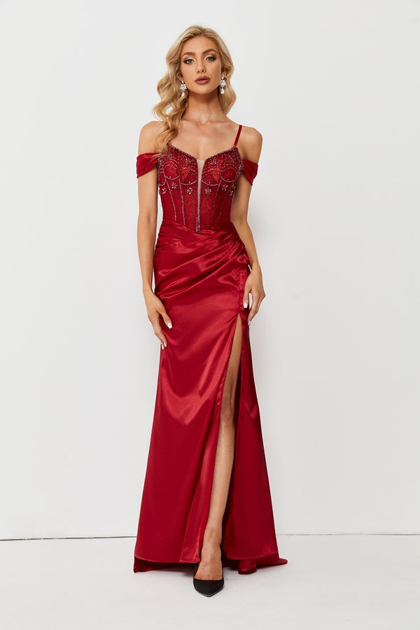 Dazzling Sophistication Beaded Satin Mermaid Slit Prom Dress 32682