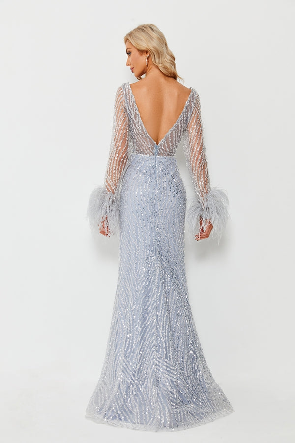 Enchanting Elegance Feather Trim Long Sleeve Tulle Mermaid Dress KS011