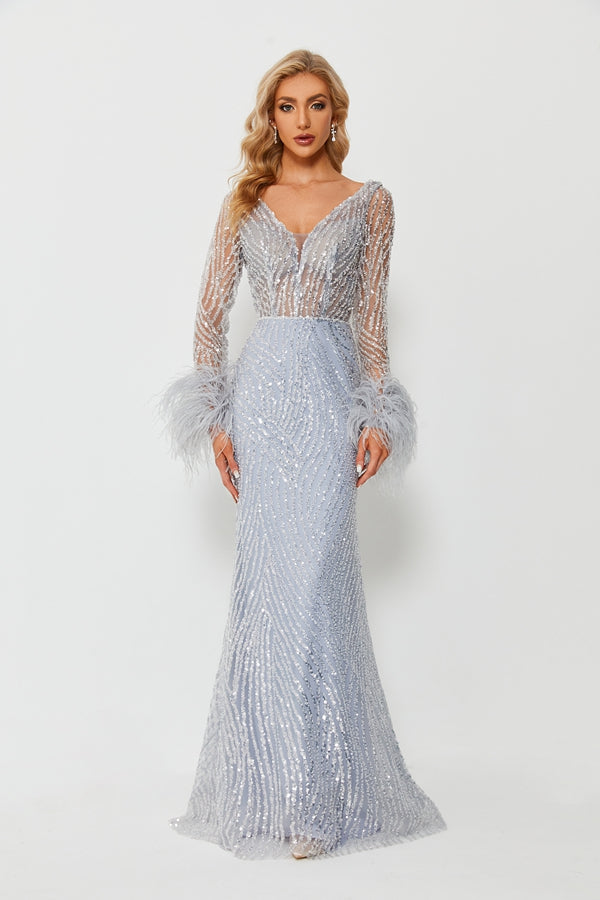 Enchanting Elegance Feather Trim Long Sleeve Tulle Mermaid Dress KS011