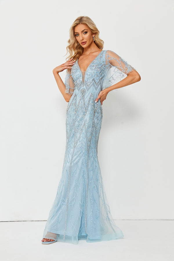 Enchanting Elegance Embellished Mesh Prom Dress with Sleeves 8236