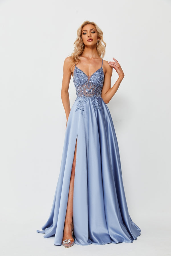 Opulent Glamour Lace Beaded Satin Slit Prom Dress 32678