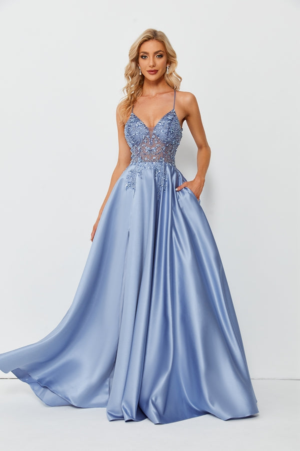 Opulent Glamour Lace Beaded Satin Slit Prom Dress 32678