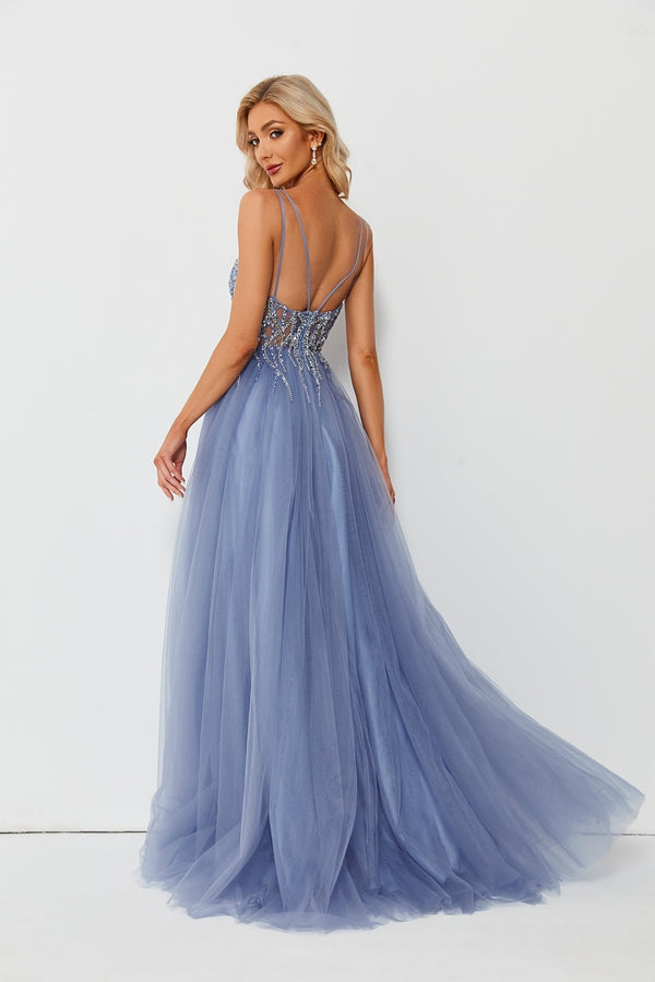 Radiant Elegance Lace Beaded Mesh Slit Prom Dress 32679