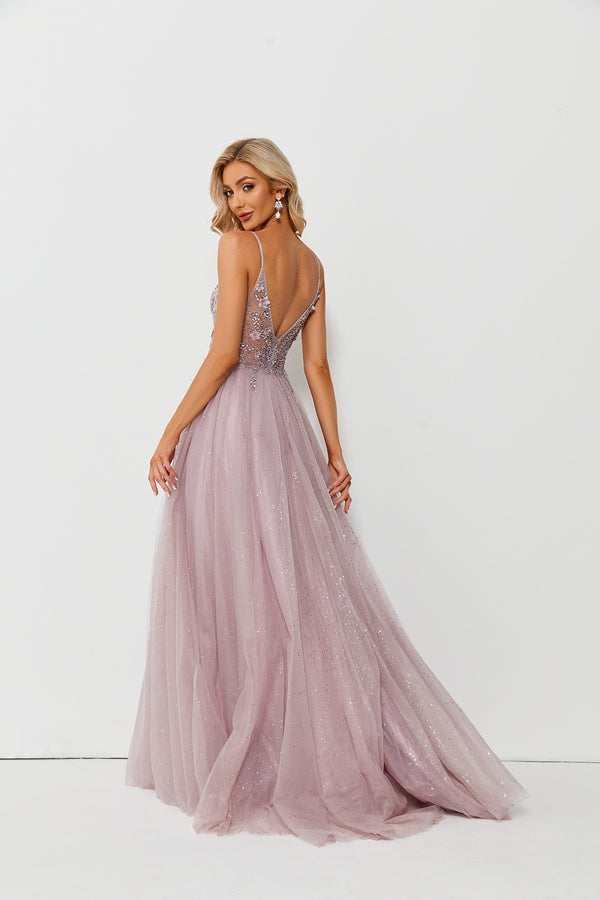 Wholesale Enchanting Opulence: Lace Appliqué Beaded Slit Prom Gown 32632