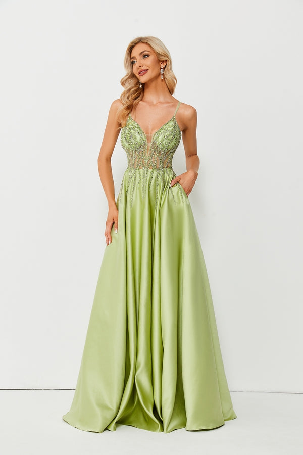 Sophisticated Glamour Lace Beaded Satin Pocket Prom Dress 32679B