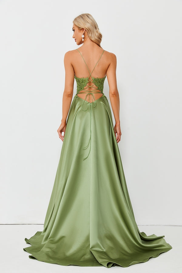 Enchanting Allure Lace Satin Slit Prom Dress QT005B-1