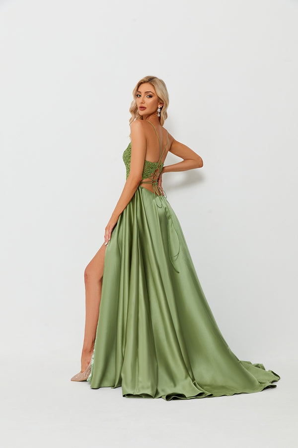 Enchanting Allure Lace Satin Slit Prom Dress QT005B-1