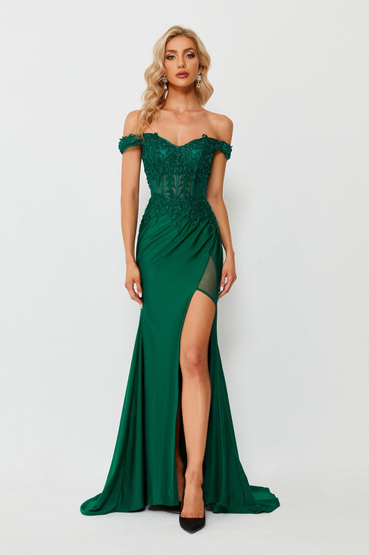 Graceful Allure Lace Capelet Slit Prom Dress 32662
