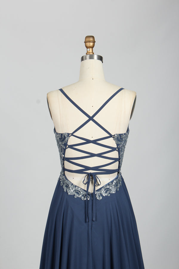 Sparkling Elegance Wholesale Chiffon Train Sequin Lace Slit Gown 32674
