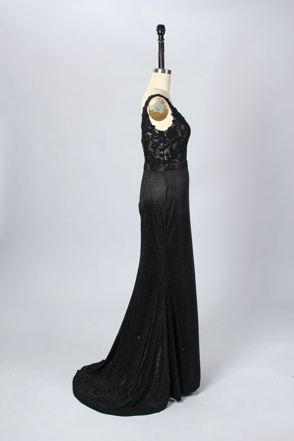 Midnight Elegance Wholesale Black Lace and Satin Mermaid Gown with Front Slit 32645