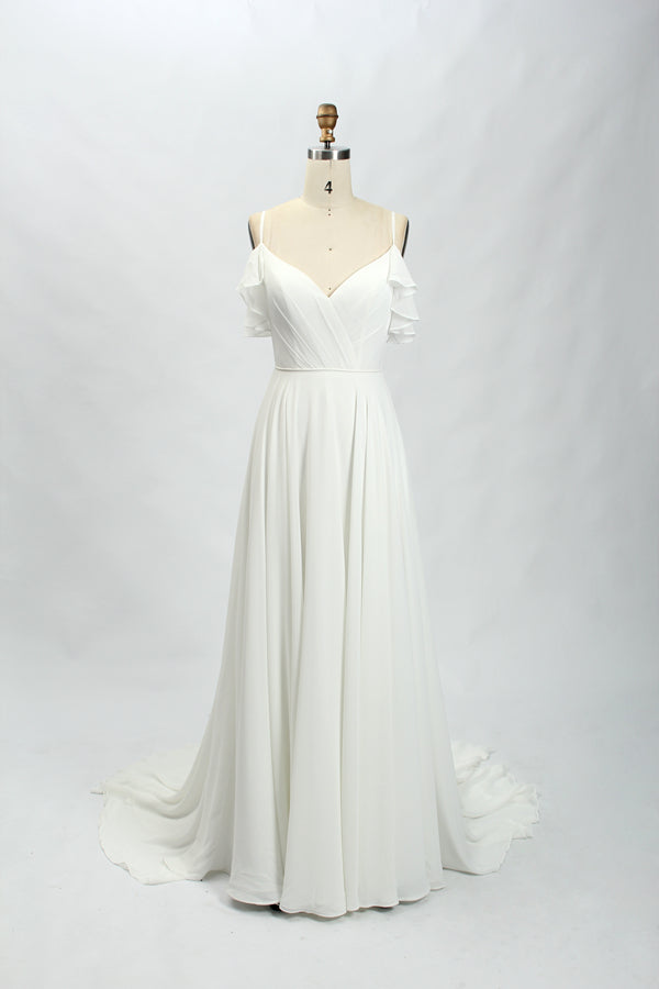 Graceful Whispers Wholesale Chiffon Train Wedding Gown with Delicate Ruffle Sleeves 32766