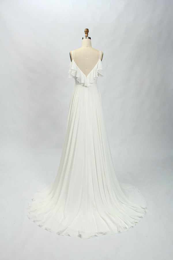 Graceful Whispers Wholesale Chiffon Train Wedding Gown with Delicate Ruffle Sleeves 32766