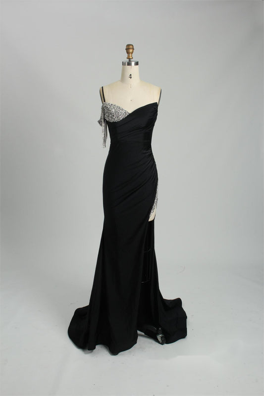 Elegant Black Mermaid Dress with Tassel Embellishments 32859