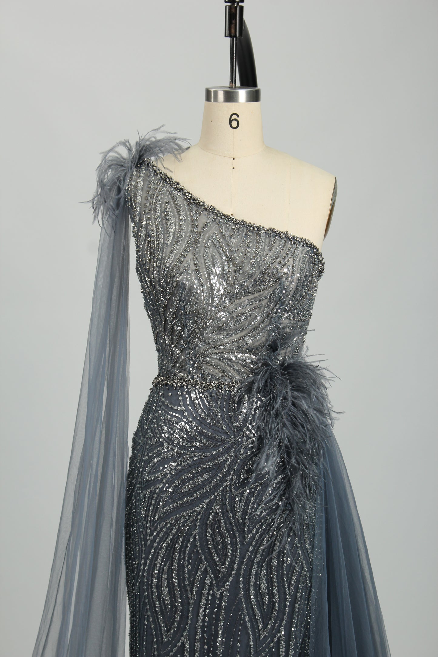 Feathered One-Shoulder Evening Gown - A Touch of Glamour KS037