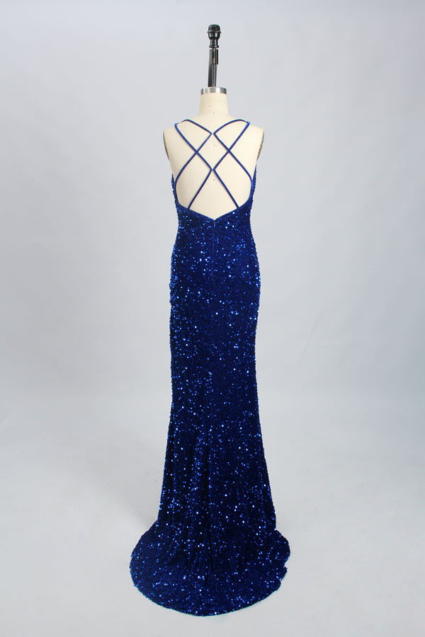 Glittering Seduction Wholesale Backless Tie-Back Slit Mermaid Gown 32693